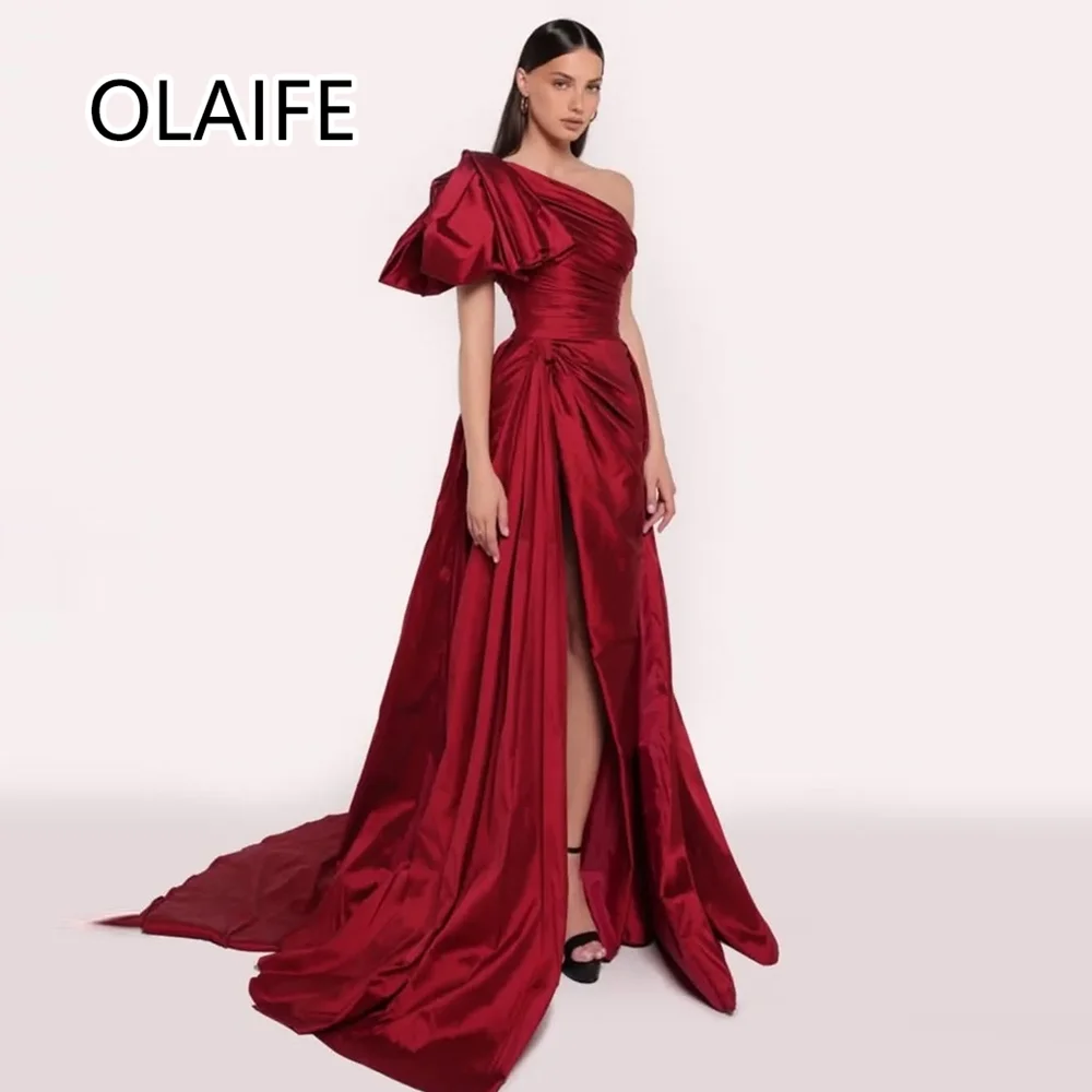 

Customized Simple One Shoulder Satin Pleated Sheath Sexy Formal Evening Dress Backelss Side High Slit Court Prom Bridal Gown