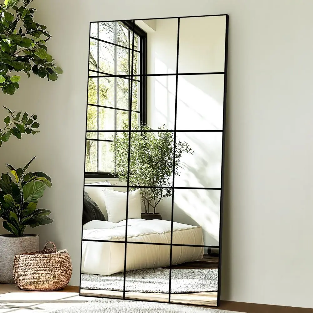 

28x 55 Window Pane Mirror, Black Metal Frame, Wall Decor for Bedroom, Living Room, Entryway