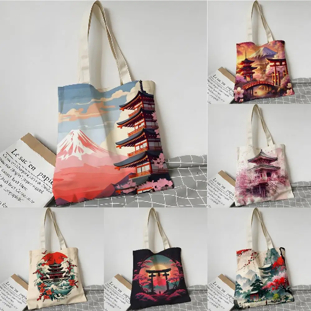 Classic retro Japanese-style architecture Storage Bags Reusable Large Capacity Shopping Bag for Daily Use Grocery Travel & Work
