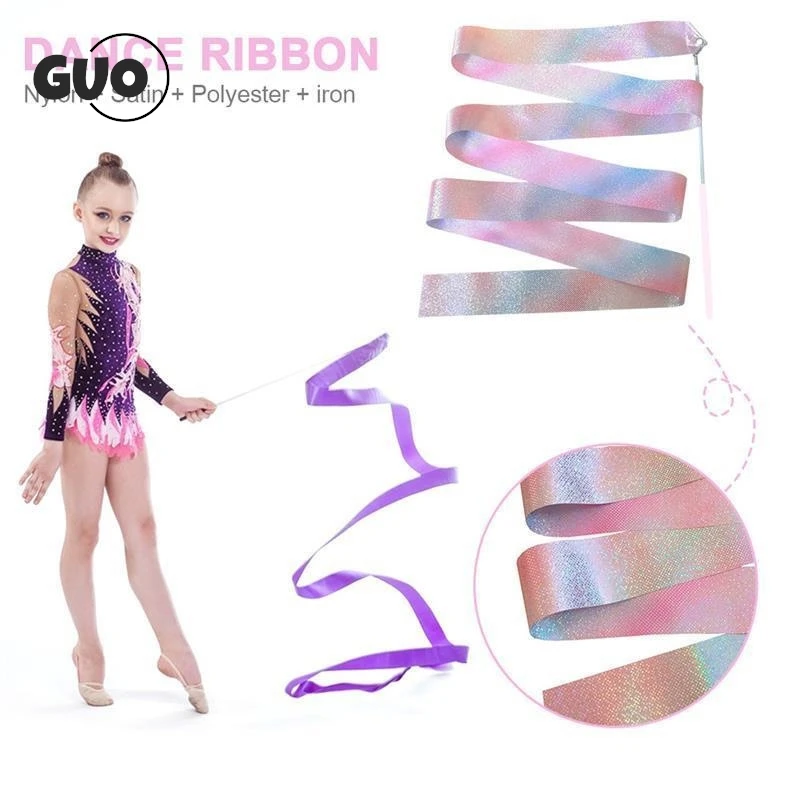 1pcs Flashing Star Gym Ribbons Dance Ribbon Rhythmic Art Gymnastics Ballet Streamer Twirling Rod Rainbow Stick Training 2M/4M