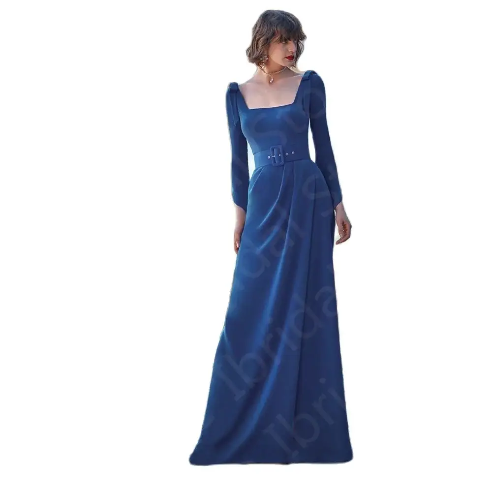 Vestido azul royal com cinto para a mãe da noiva, vestido de manga comprida, gola quadrada, vestido de festa de casamento simples e moderno, 2024