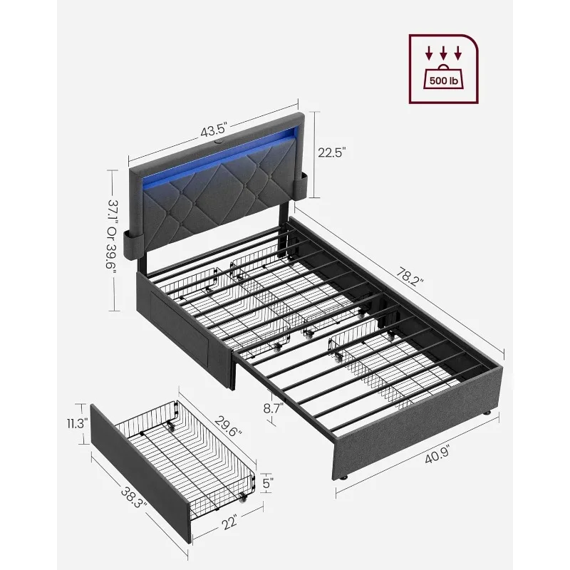 LED Bed Frame Twin Size with Headboard and 4 Drawers, 1 USB Port and 1 Type C Port, Adjustable Upholstered Headboard