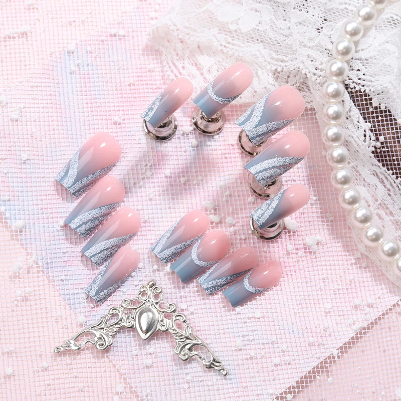 24PCS French Minimalist Stripes Blue Pink gradient Long square Fake Nail Tip Fully Covered Fake Nail glitter shape press on Nail