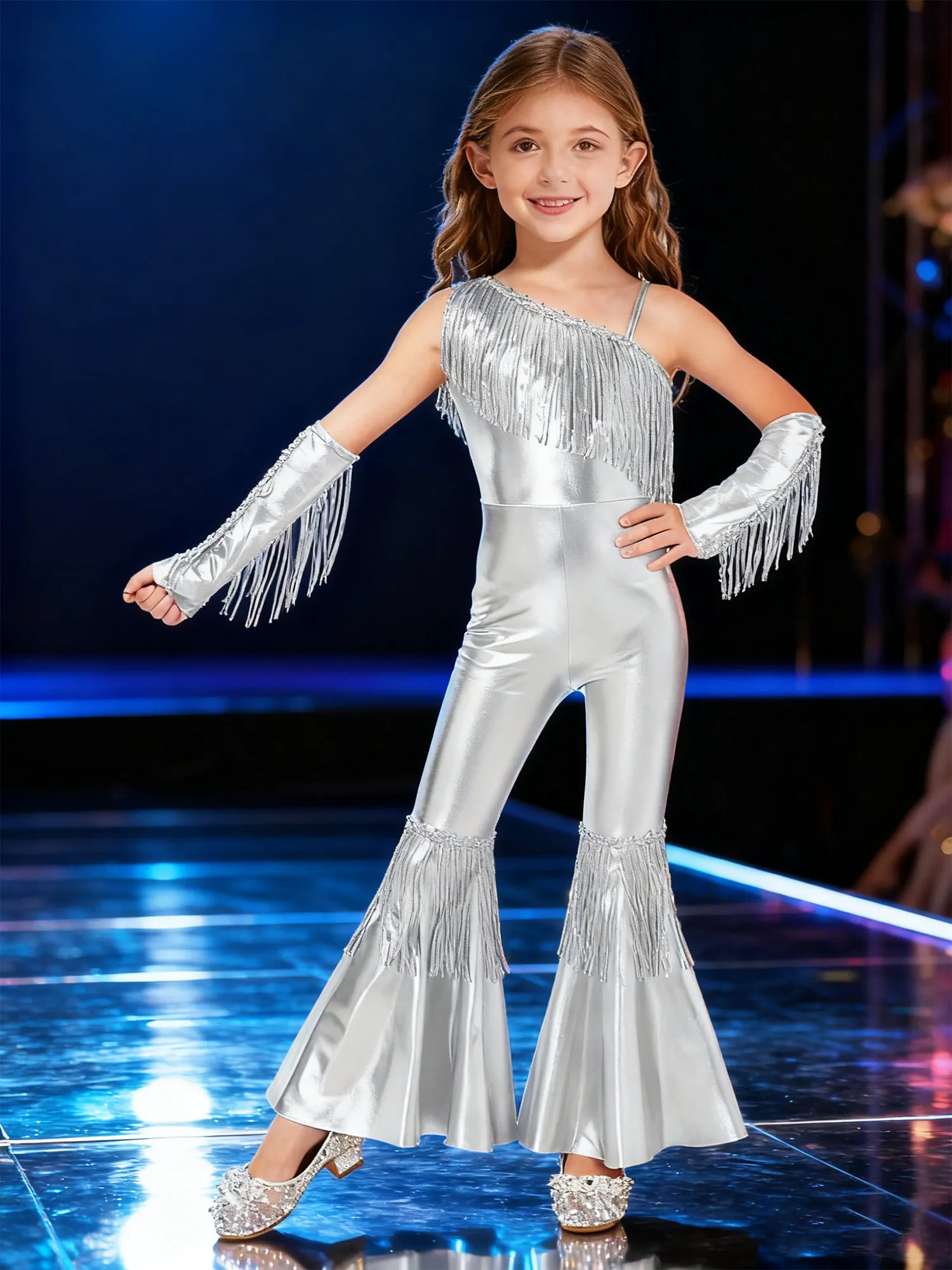 Girls Street Jazz Dance Costume Streetwear One Shoulder Sequins Tassels Jumpsuit Kids Performance Dancewear 60s 70s Disco Outfit