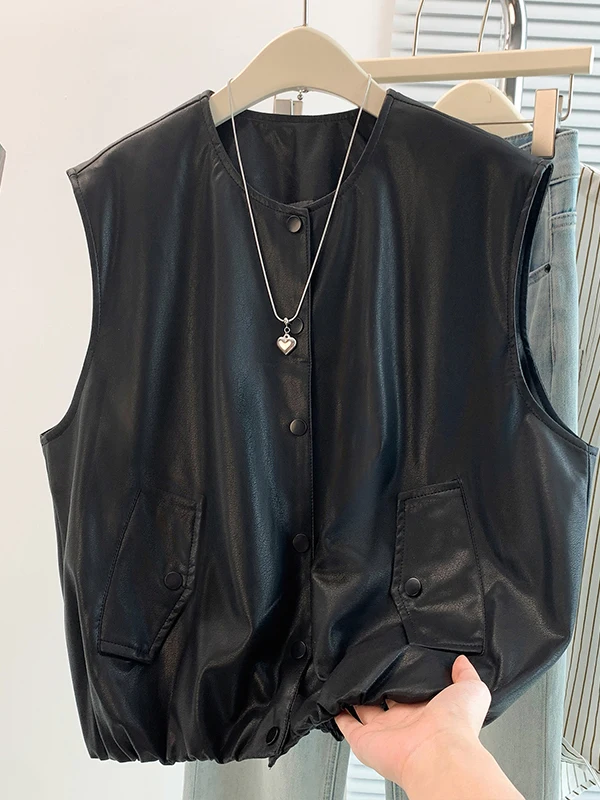 Loose PU Leather Vest Women's Casual round Neck Sleeveless Jacket plus Size Slimming Autumn New Style Fashionable All-Match