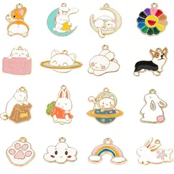 5Pcs Cartoon Animal Enamel Alloy Pendants Cat Corgi Rabbit Moon Stars Charms For DIY Jewelry Making Earring Accessories Ornament