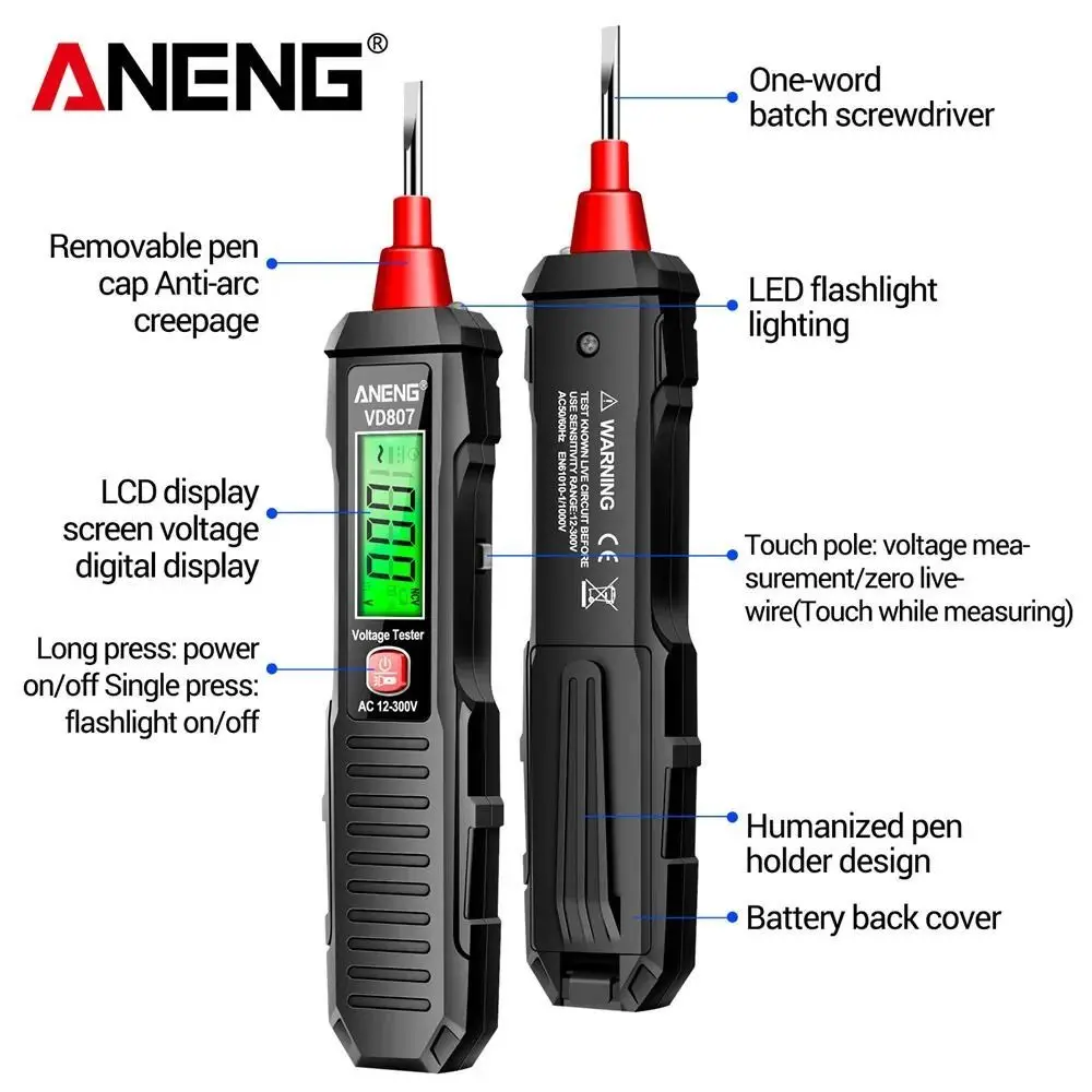 50/60Hz NCV czujnik AC 12-300V inteligentny pióro testowe indukcyjny ANENG VD807 pióro elektryczne Tester napięcia narzędzie elektryka