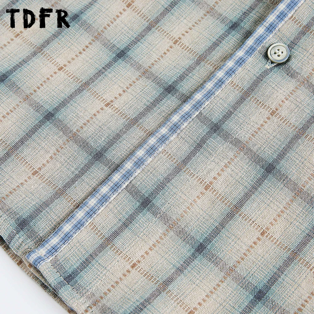 Camisas xadrez de bolso de retalhos dos homens retro casual outono solto único breasted lapela manga longa camisas de algodão homem