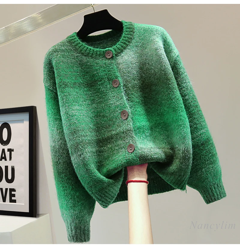 Gradual Change Color Knitted Cardigan Women Spring Winter Korean Version Short Green Sweater Long Sleeve Knitwear Tide