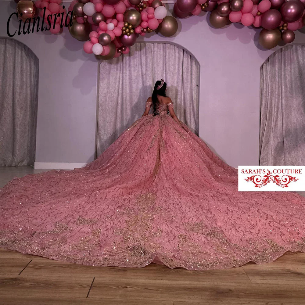 Elegant Pink Quinceanera Dresses 2024  Vestido De 15 Años Sweet 16 Off Shoulder Lace Applique Beading XV Birthday Prom Party