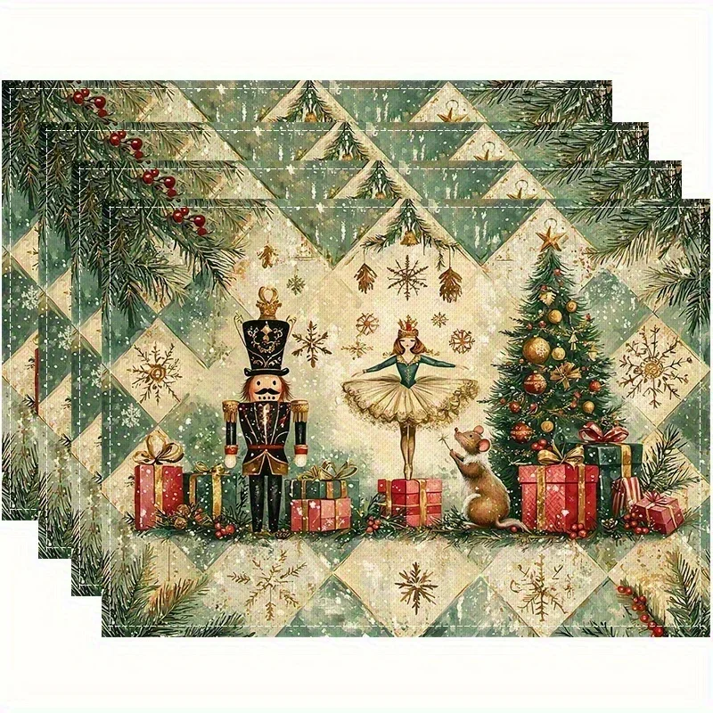 Santa Sleigh Wildlife Placemats, Snow Scene Printed Linen Table Mats, Vintage Xmas Table Decor