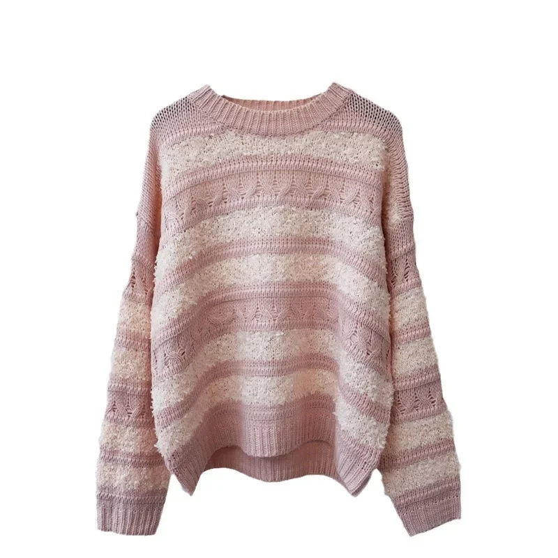 Knitted Striped Sweater Women Long Sleeve O Neck Pullovers Spliced Jumpers Autumn Casual Loose Fit Sweaters Slight Strech