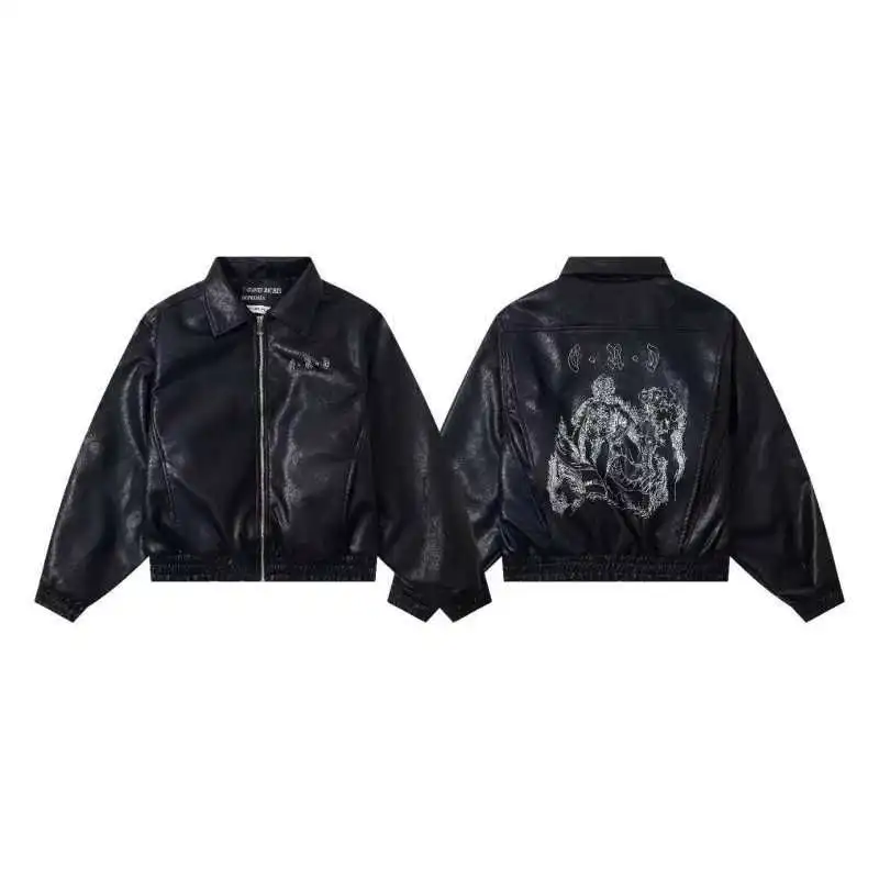 

Depred Rich Second Generation Autumn Winter Embroidered Fce Lined Loose PU Leather Jaet Men's Street Sle Coat