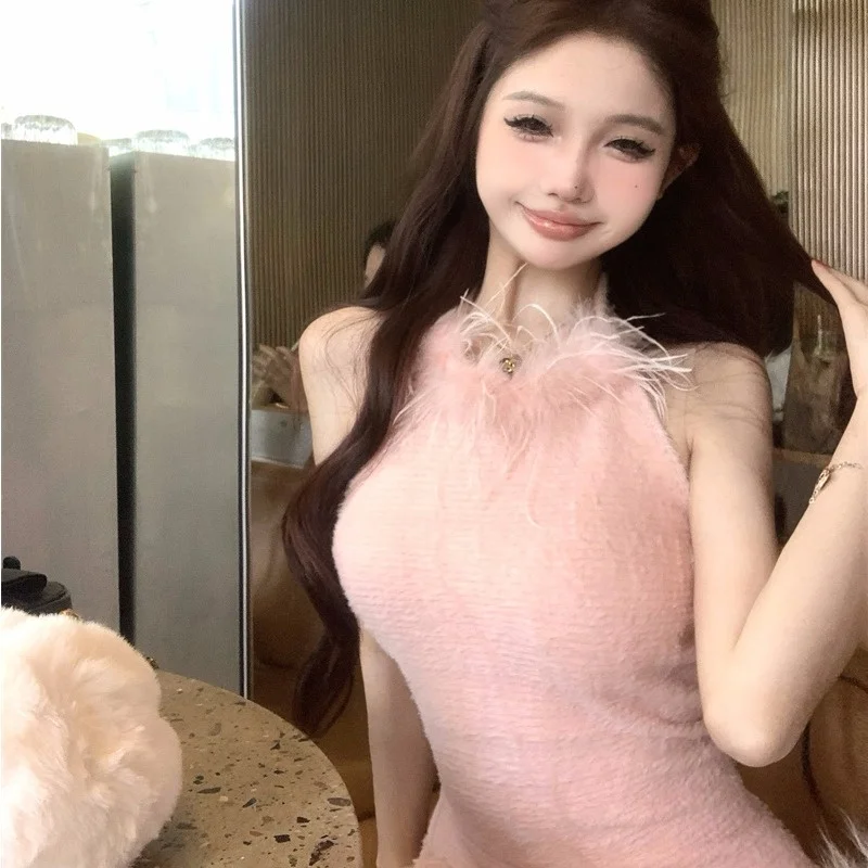 Damska dzianinowa kamizelka z piór strusich, delikatna, uwodzicielska, jesienno-zimowa, nowa, elegancka, z wysokim stanem, z jedwabnego aksamitu, codzienna.