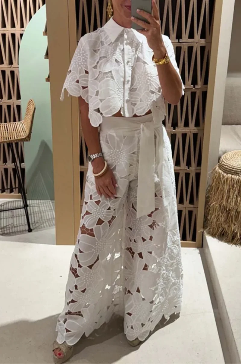 Women Floral Cutwork Lace Two Piece Set Collar Short Sleeve Crop Shirt Belted Wide Leg Pants Vacation Matching Outfit