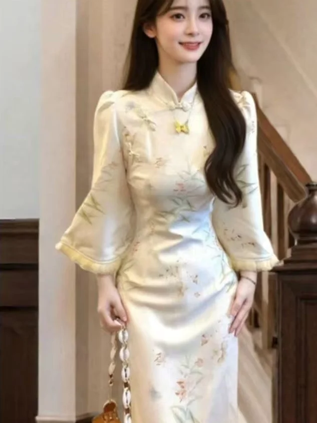 New Chinese Sle Young Women's Long Sve Bodycon Dr Autumn Winter New Version Qipao Skirt Pure Color Waist Cinched