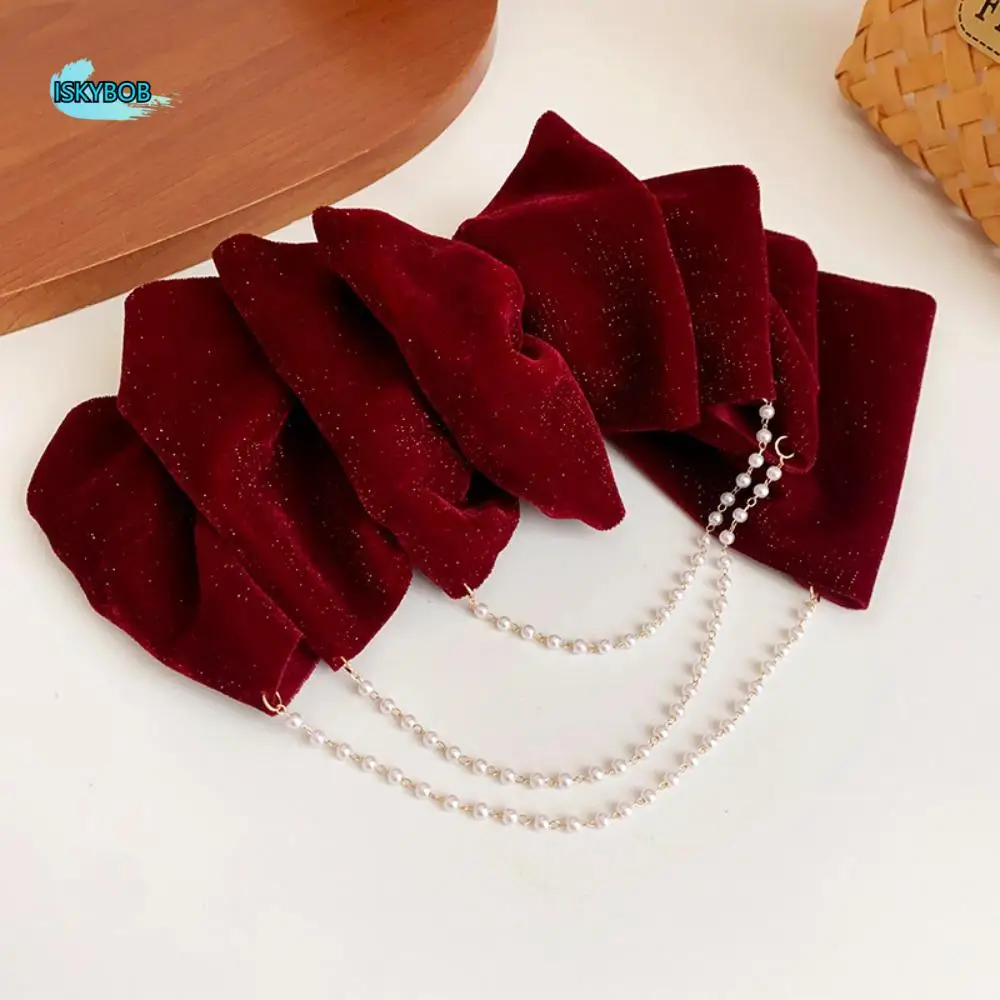 

Cloth Red Velvet Bow Hair Clip Wine Red Pearl Bowknot Spring Clip Korean Style Hair Claw New Year Hairpin Ponytail Holder