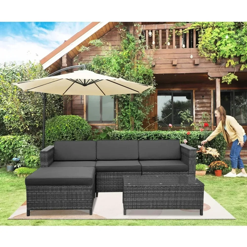 5 Piece Outdoor Patio Sectional Furniture Set, Weather Resistant Rattan Outside Couch, Waterproof Conversation Sofa for Balcony