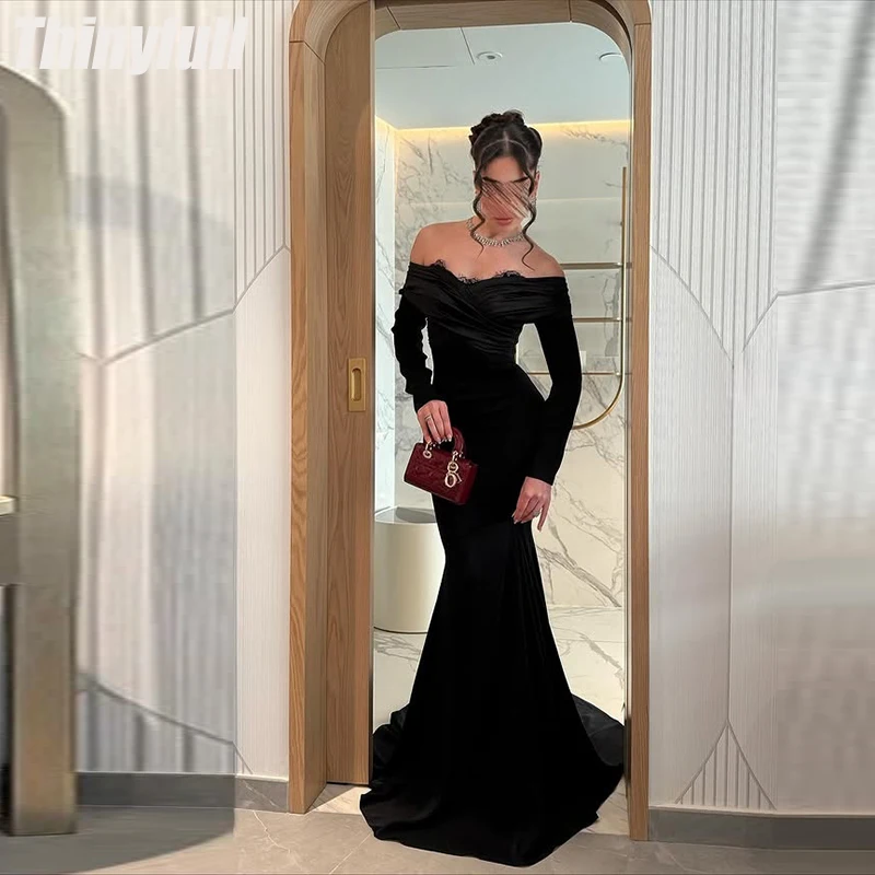 

Thinyfull Mermaid Satin Arab Prom Dresses Off Shoulder Long Sleeves Evening Gowns Robe De Soirée Customized Long Formal Dress