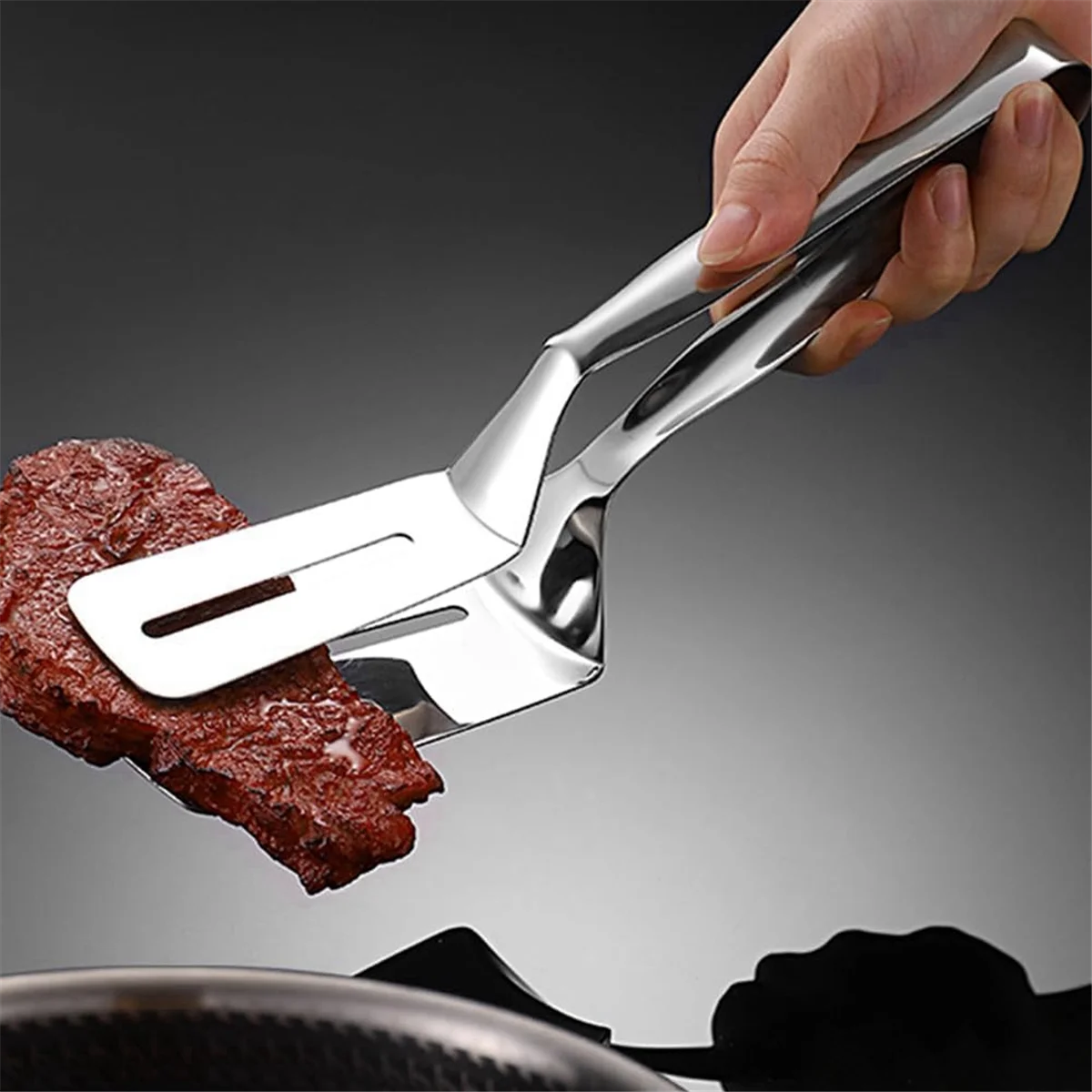 Stainless Steel Double-Sided Shovel Clip, Stainless Steel Spatula Kitchen Tongs,Grill Clamp Flipping Spatula Clip HOT