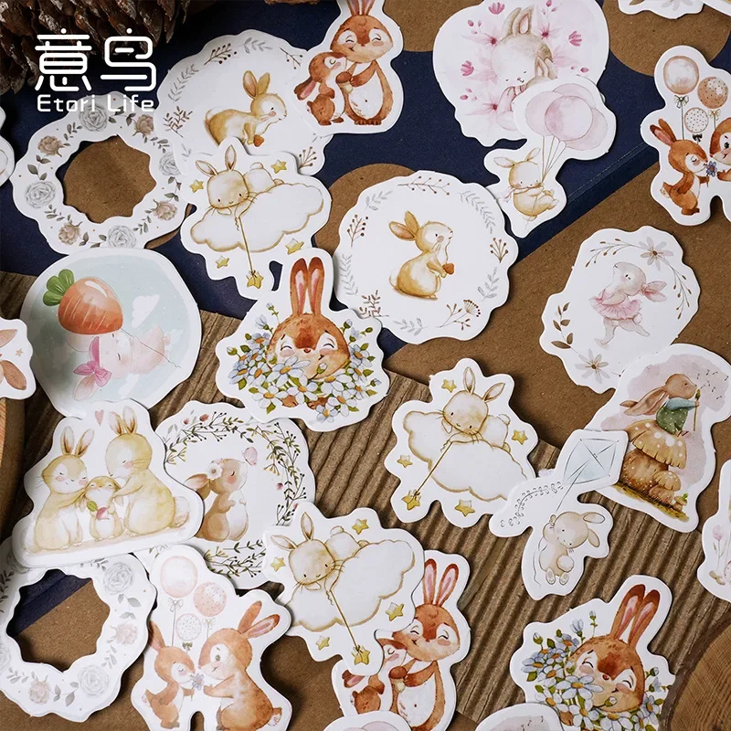 46Pcs/box Cute Retro Fairy Rabbit Family Sticker Kawaii Bunny Stationery Diary DIY Decals Scrapbook Journal Decoration Materials