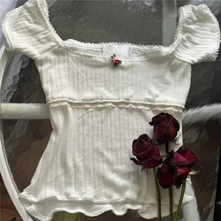 Sweet Fairy Style Knitted T-shirt Lace Trim Cotton Kawaii Slim Chic Short Sleeve Tees Female Vintage Streetwear Y2K Tops Clothes