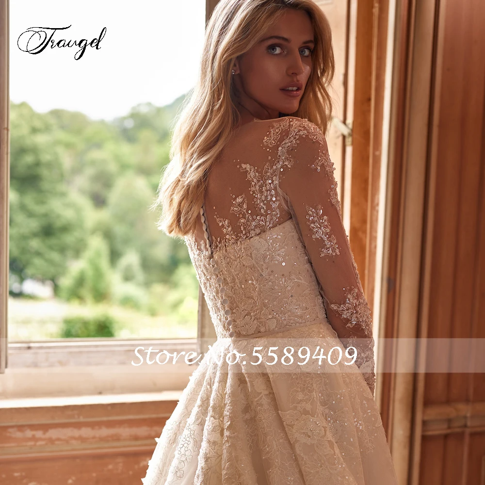 Abito da Sposa Vintage Traugel di Lusso con Scollo a Barchetta, Maniche Lunghe in Pizzo, Applicazioni Delicate, Cintura con Perline e Strascico a Corte