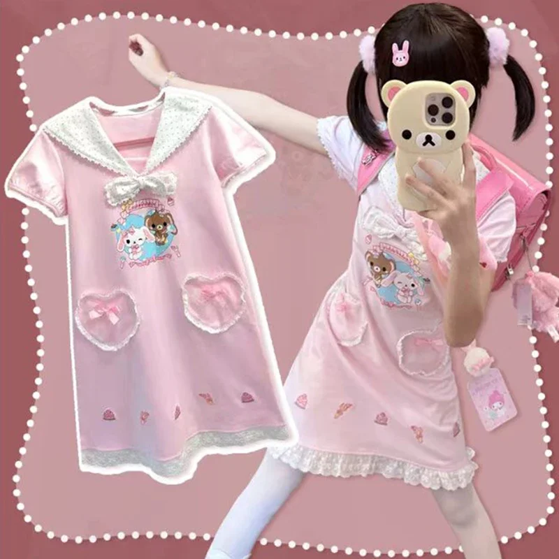 Kawaii Womens Dresses Cute Short Dresses Girls Embroidery Summer 2024 Lolita Dresses Sweet Y2k Japanese Pink Cartoon Print Dress