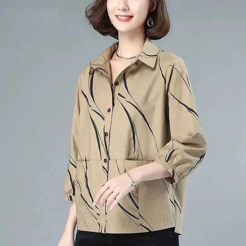 2023 Spring and Autumn Korean Edition Fashion Casual Loose Simple Polo Print Three Quarter Oversize Versatile Women Jacket Coat