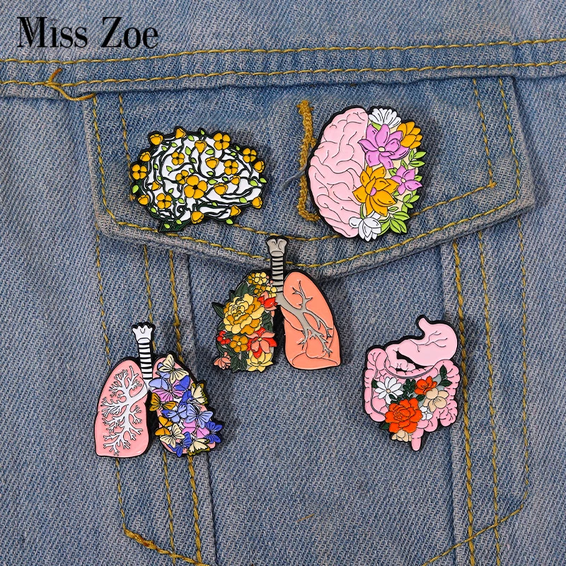 Floral Organ Enamel Pins Custom Brain Lung Intestines Stomach Brooches Lapel Badges Cartoon Plant Jewelry Gift for Kids Friends