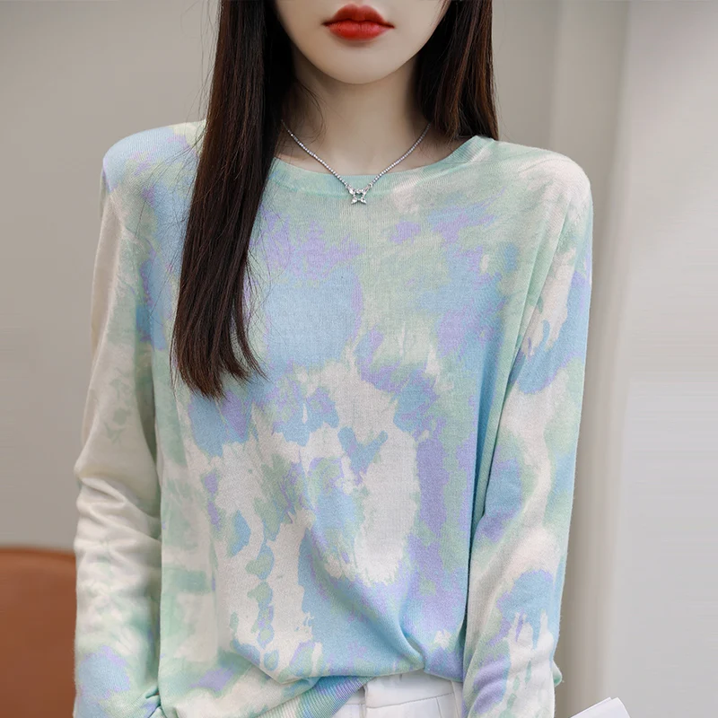 Spring Autumn New Fashion Cashmere Sweater Women\'s Worsted Wool O-Neck Thin Long Sleeve Knit Pullover Flower Pattern Printed Top