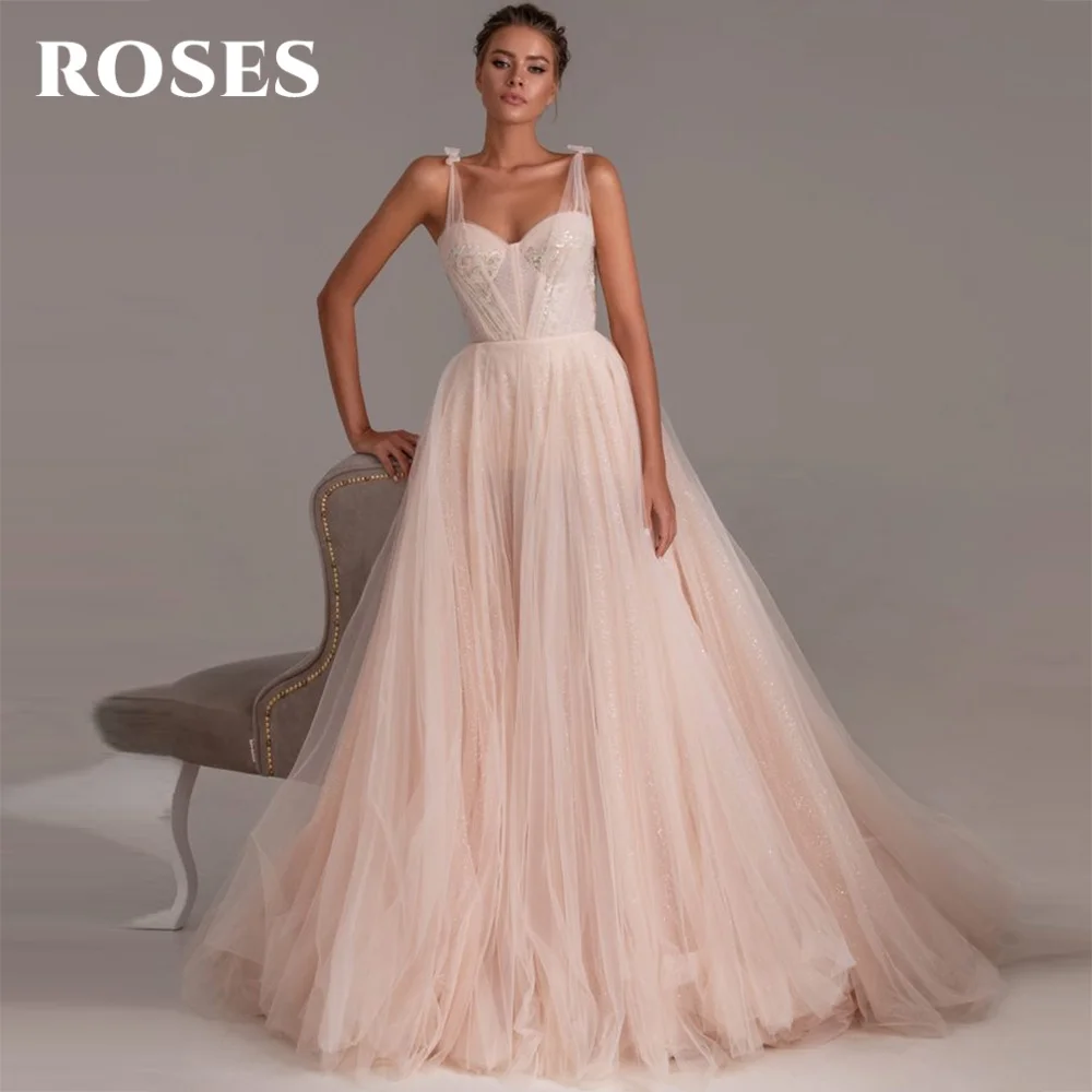 

ROSES Tulle Elegant Prom Dresses Shiny Sweetheart Sleeveless Evening Dress A-Line Spaghetti Straps Formal Gown 프롬 드레스 Customized