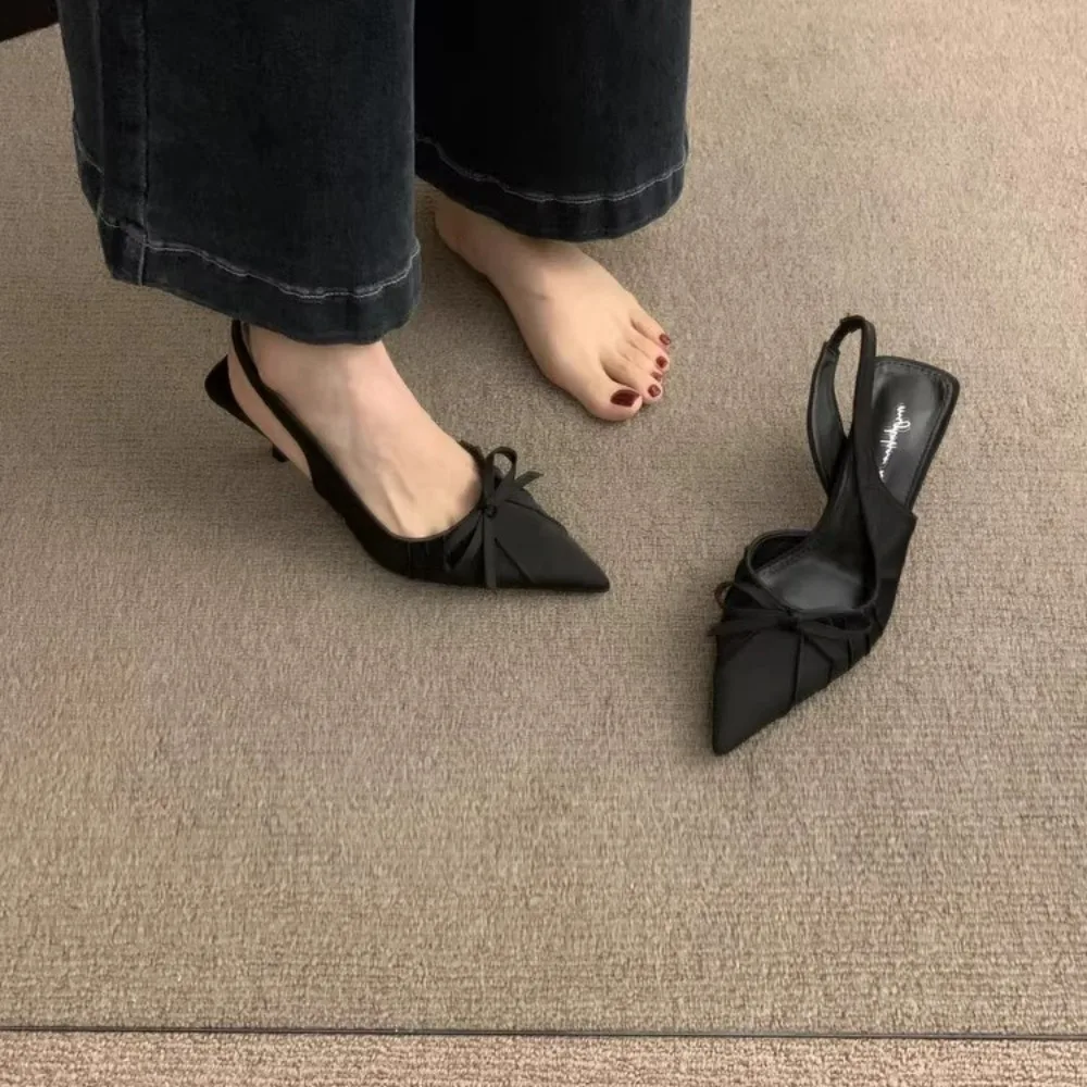 Summer Pointed Toe Women High Heels Fashion Butterfly-Knot Female Pumps New 2026 Footwear Slingbacks Ladies Mid Heels Sandals