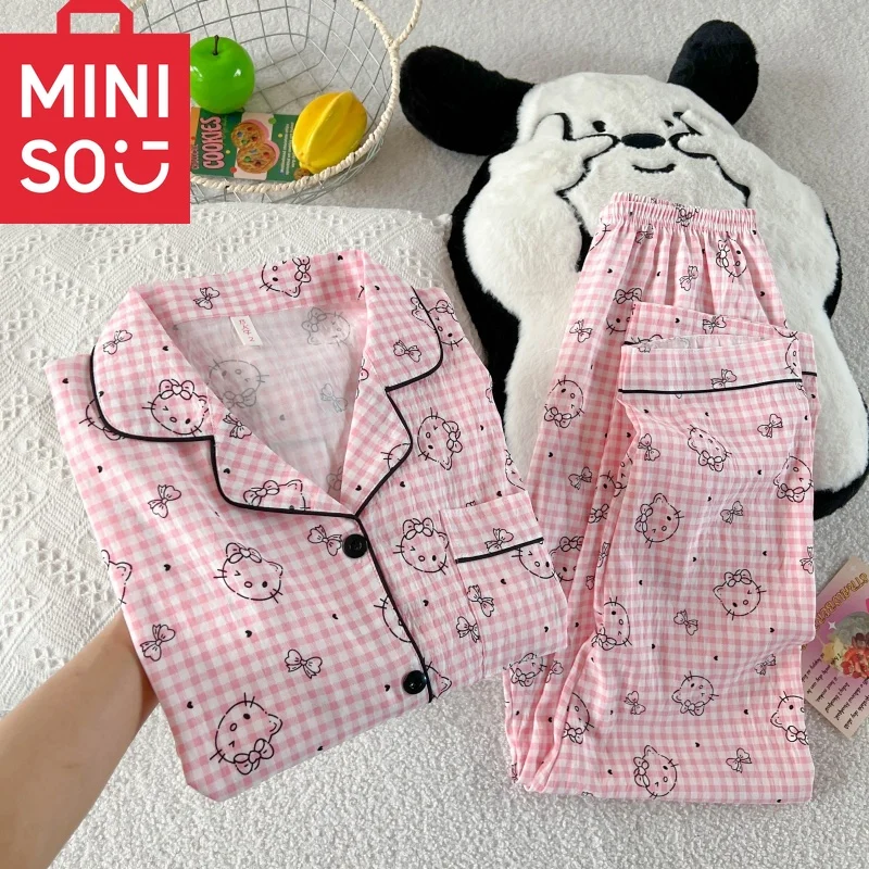

Hello Kitty, милый кавайный пижамный комплект для женщин, осенняя мягкая ткань, удобная клетчатая одежда для дома, комплект из 2 предметов, топ с длинными рукавами, брюки, одежда для сна
