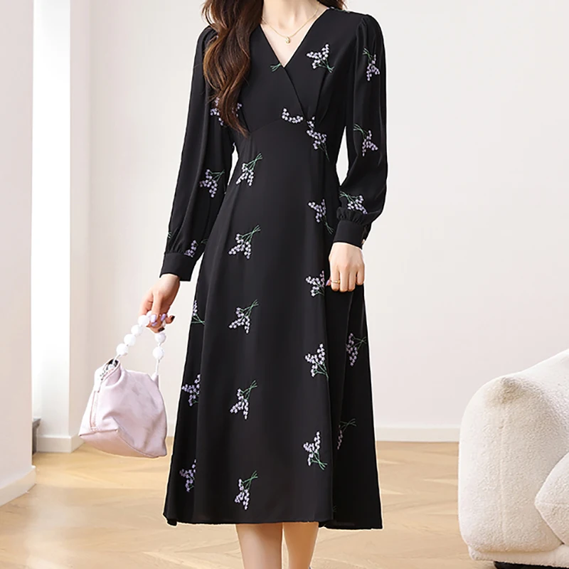 EVNISI Women Elegant Floral Printing Dress V-neck Chic Black Office A-line Dresses Long sleeves Women Party Vestido 2024 Autumn