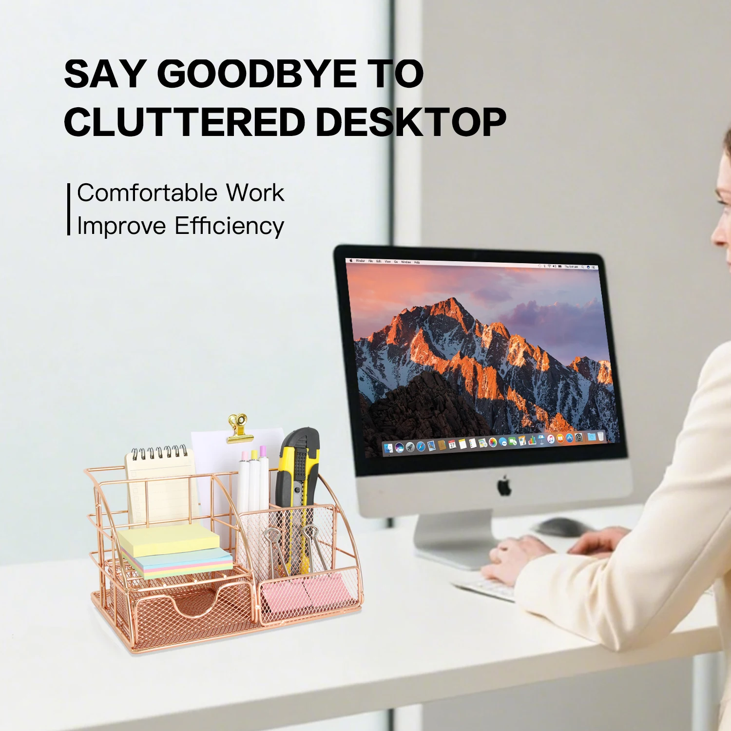منظم سطح المكتب المعدني باللون الذهبي الوردي، شريط ملفات متعدد الوظائف، رف تخزين اللوازم المكتبية، حامل القرطاسية ومستحضرات التجميل، شركات
