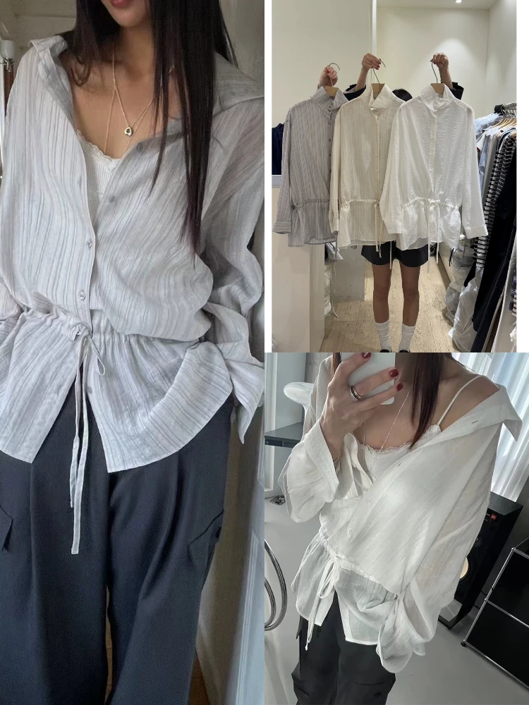 

Dstring Waist irt Thin Sun Protection Loose Semi-Transparent Outerwear Casual Sle Women's Long Sve irt