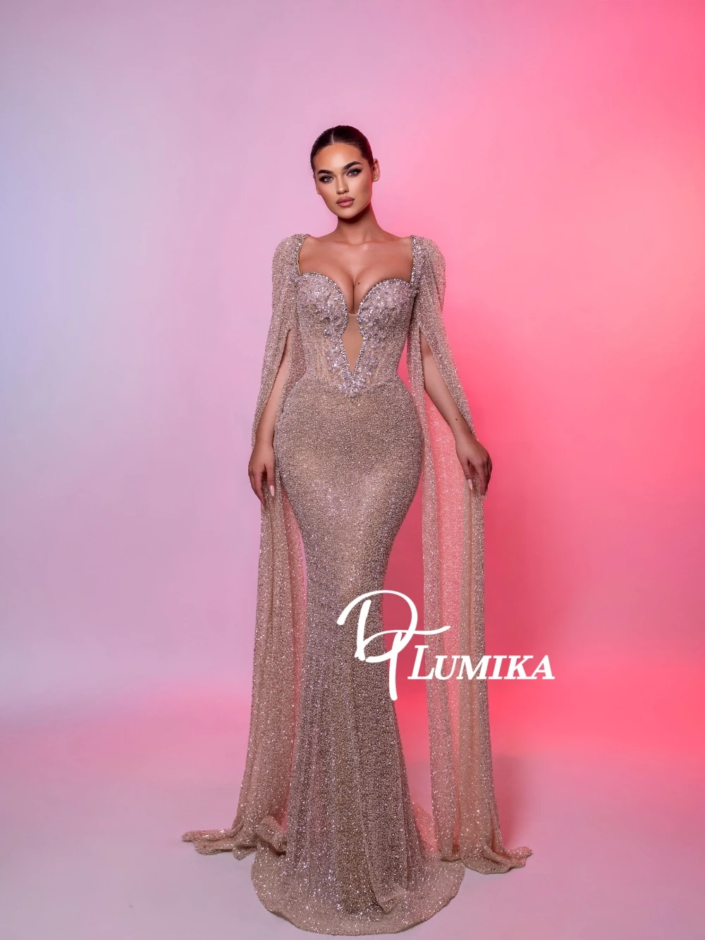 

2026 Dainty Beaded Sequined Evening Dress With Long Cape Beautiful Glitter Sweetheart Neckline Mermaid Customized Prom Gown