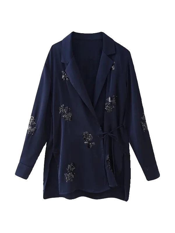 ZBZA Novo Casaco F de Verão em Tricô com Lantejoulas Brilhantes e Cinto, Estilo Urbano, Manga Longa, Tecido de Poliést...