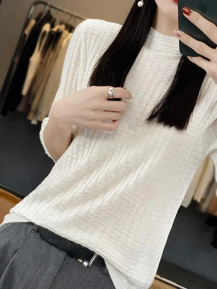 Refined Imitation Thin Half-Sleeve Knitted Bottoming Shirt Women Half-high Collar Versatile Half-Sleeve T-shirt Sweet Age-Red...