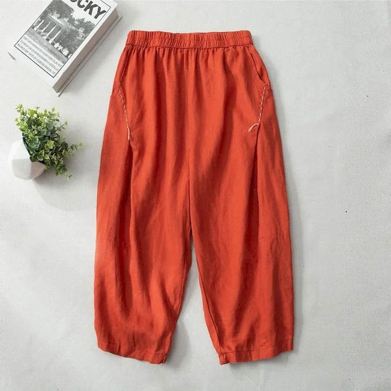 Harem Pants 2026 Summer Solid Elastic Waist Loose Vintage Embroidery Casual Capri Pants Korean Style Streetwear Women Clothing