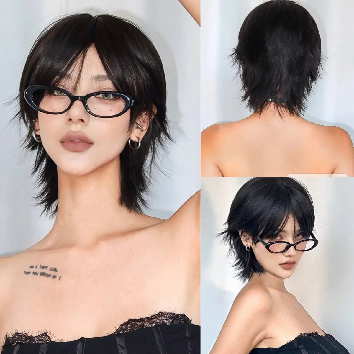 

BeiBei 12 Inch Short Mullet Head Wigs with Bangs Synthetic Straight Women Black Short Hair Wig for Daily Party Cosplay Wigs