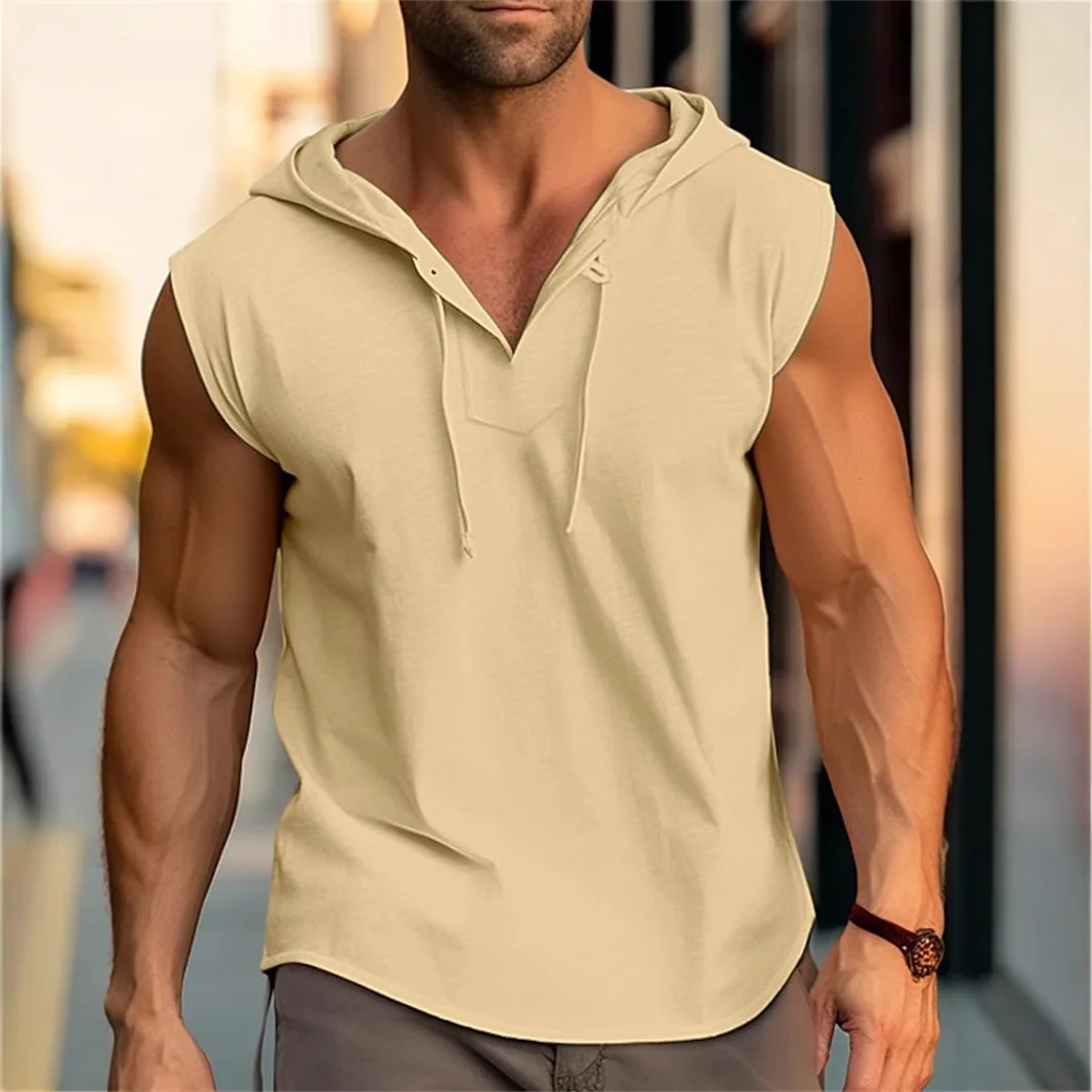 Men's Sleeveless Fitness Sports Drawstring Solid Color Hooded Vest Top