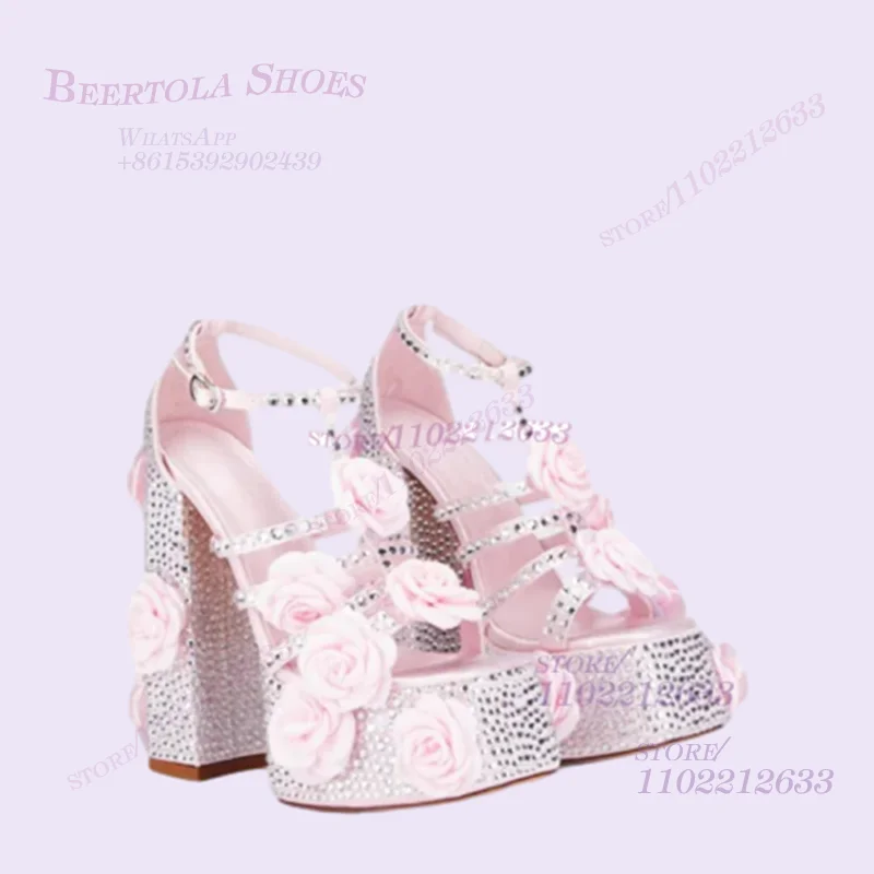 Light Pink Flower Stitching Sandals Girls Platform Crystal Open Heels Summer Short Skirt Dance Pump Rose 3D Thick Heels Woman