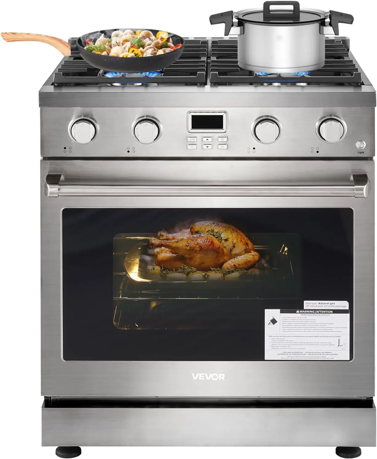 Gas Range Oven 30 Inches Width Freestanding Stainless Steel Stove and Oven with 4 Sealed Cooktop Burners Easy Reach Racks