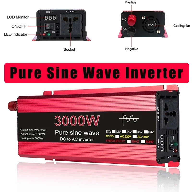 3000W 1000W Pure Sine Wave Inverter Solar System Part DC12V 24V To AC220V 60Hz Voltage Transformer Power Converter Car Inverters