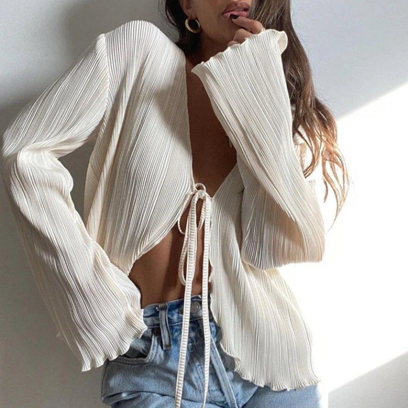 

Euramerican Simple Fashion All Match Ruffle Long Flare Sleeve Cardigan Y2k Aesthetic Lace Up Punk Women Clothe Casual French Top
