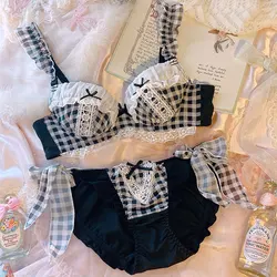 Japanese underwear cute girl sweet blue black plaid bubble lace with steel ring thin large size gather bra set