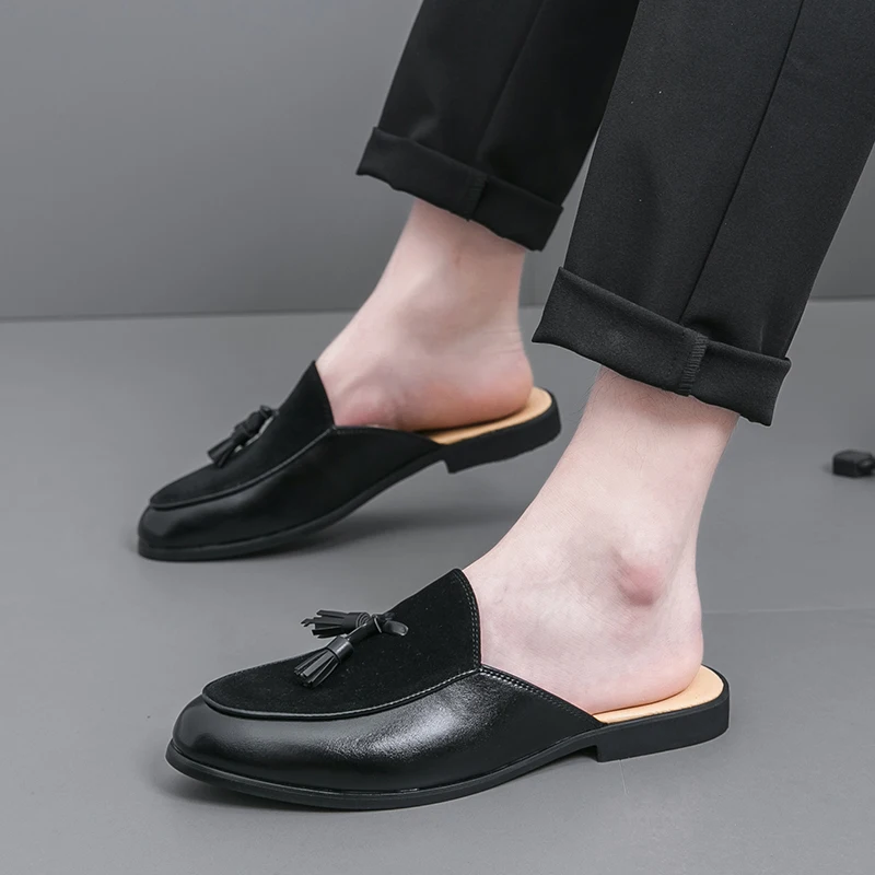 Men Mules Slippers Suede Leather Loafers Moccasins Outdoor Non-slip Black Casual Slides Summer Spring Fashion Shoes