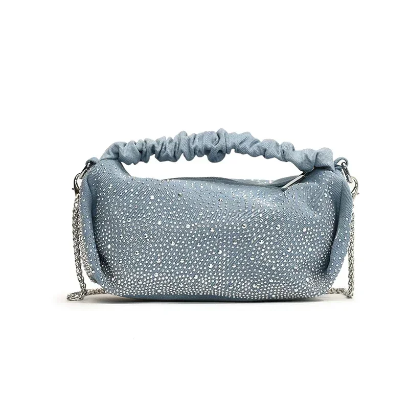 

2025 Denim Chain Shoulder Strap Zipper Hot Selling Crossbody Bag Solid Crushed Diamond Popular Fashion Women's Shoulder Bag